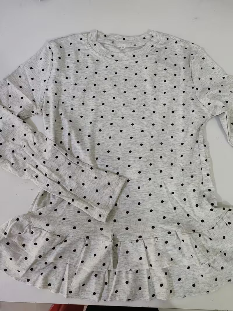 Playful Polka-dot Round-neck Ruffle-sleeve T-shirt, Ballet-style Casual Sweet Top