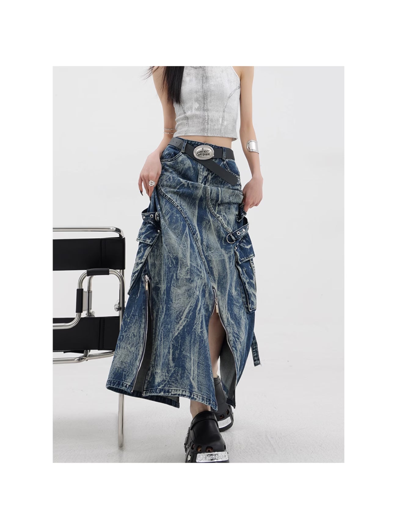 Vintage Faded High Waist Denim Skirt with Patchwork Pockets Slim Fit Fashion A-Line Skirt