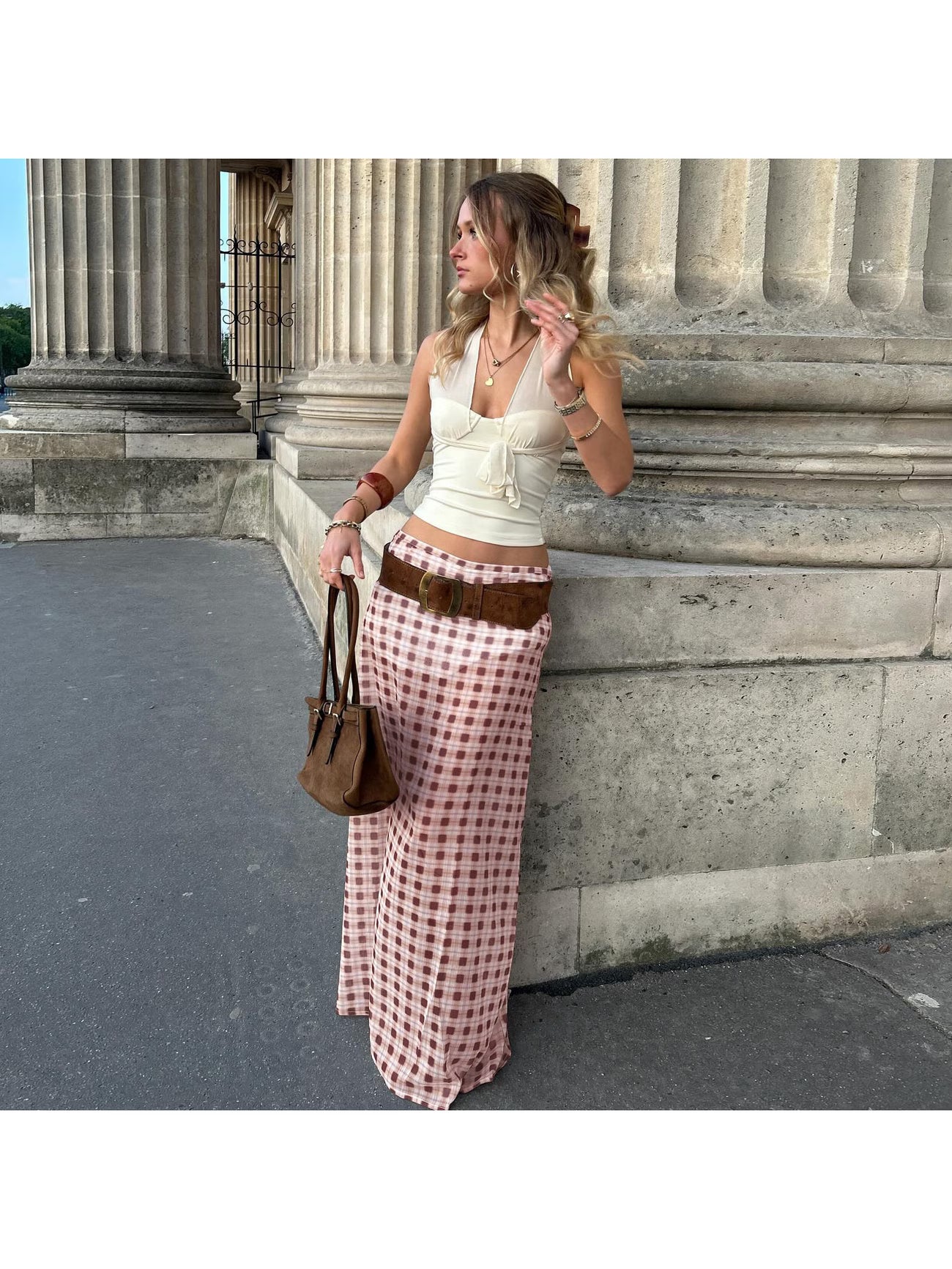 Women's Size Vintage Low-Waist Skirt - Belted Plaid/Checkered -Line Skirt Suitable for Fall, Retro Casual Outfits (Low-Waistband)