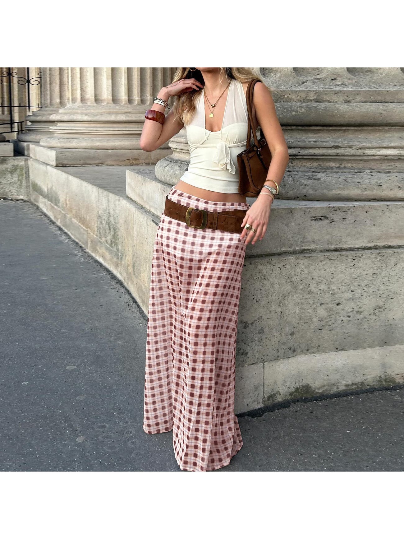 Women's Size Vintage Low-Waist Skirt - Belted Plaid/Checkered -Line Skirt Suitable for Fall, Retro Casual Outfits (Low-Waistband)
