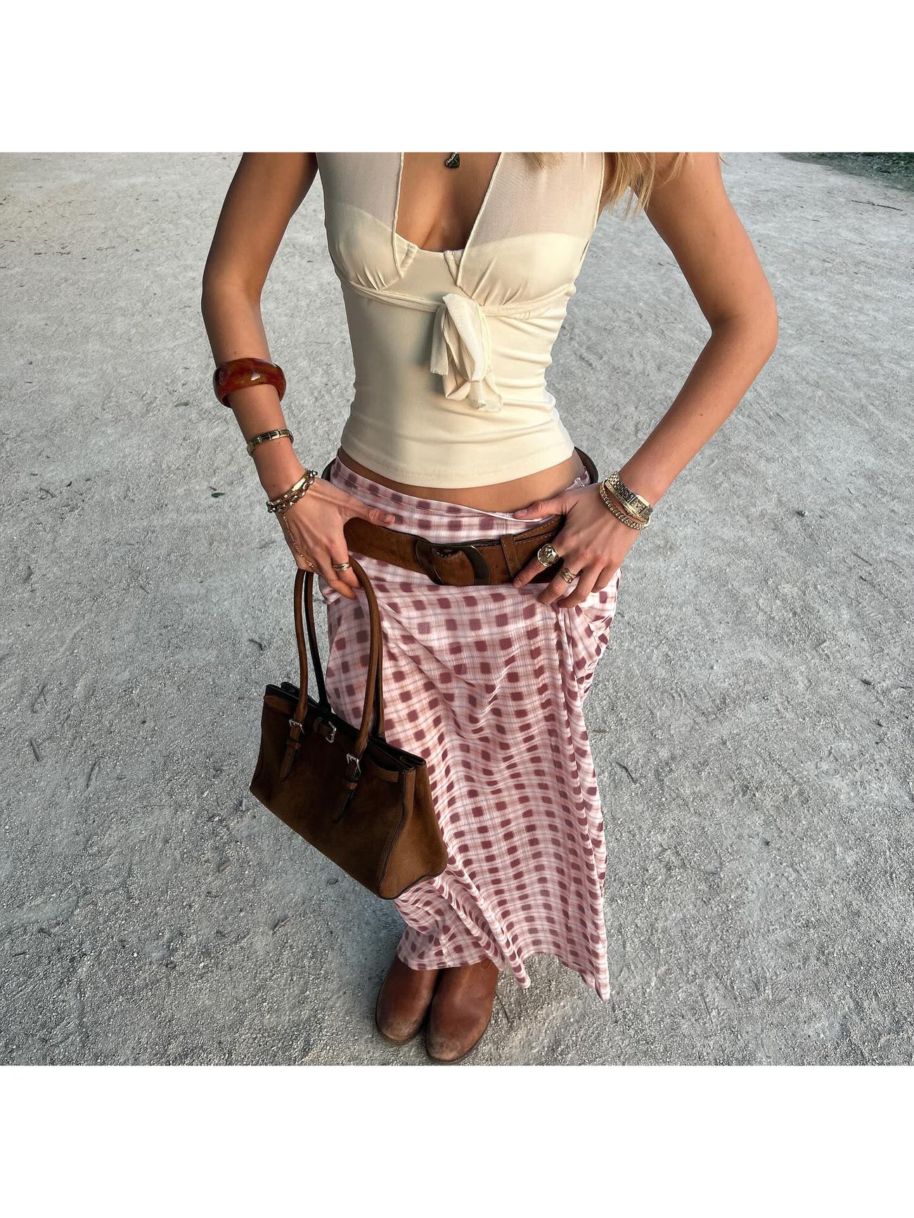 Women's Size Vintage Low-Waist Skirt - Belted Plaid/Checkered -Line Skirt Suitable for Fall, Retro Casual Outfits (Low-Waistband)