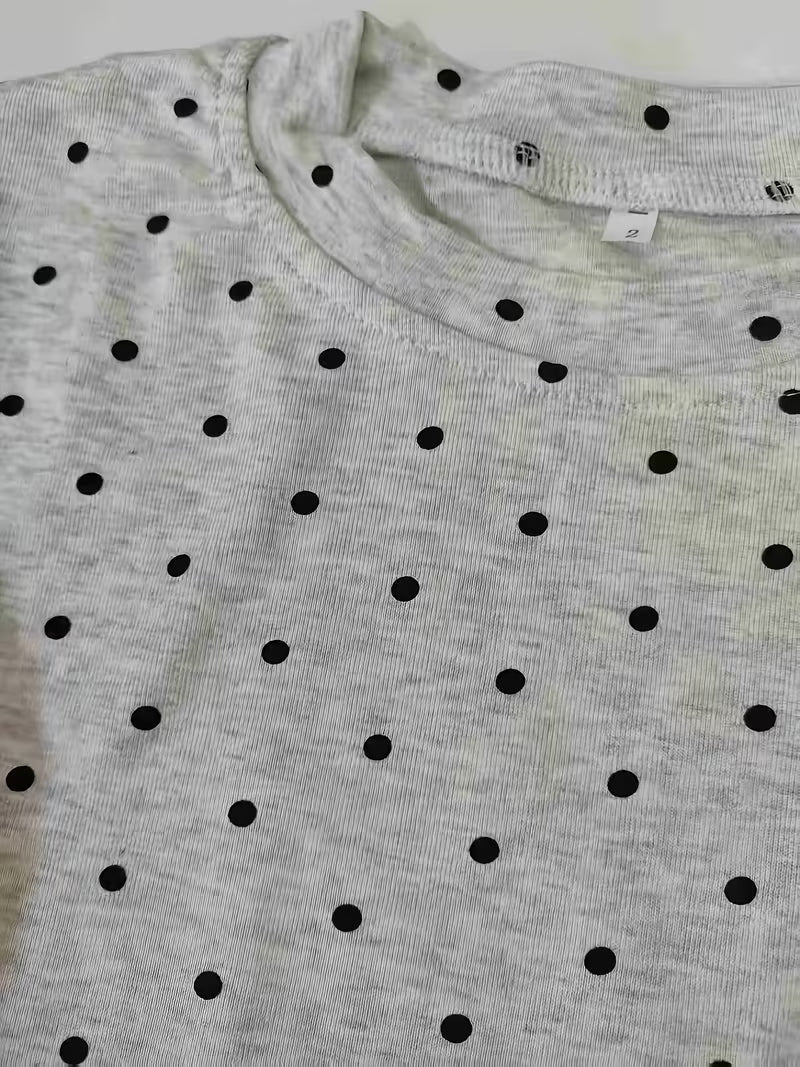 Playful Polka-dot Round-neck Ruffle-sleeve T-shirt, Ballet-style Casual Sweet Top