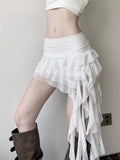 New Vacation Style Ruffle Hem Mesh Flowy Skirt for Women, Low Waist Versatile Ribbon Irregular Mesh Skirt