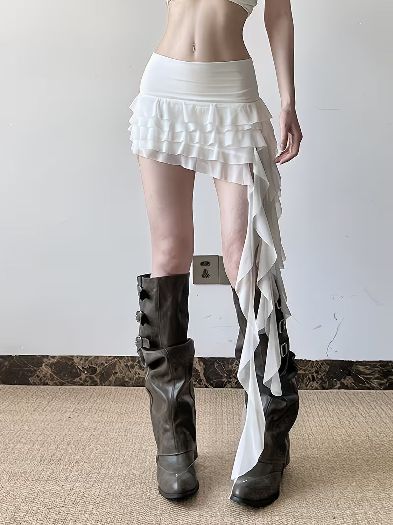 New Vacation Style Ruffle Hem Mesh Flowy Skirt for Women, Low Waist Versatile Ribbon Irregular Mesh Skirt