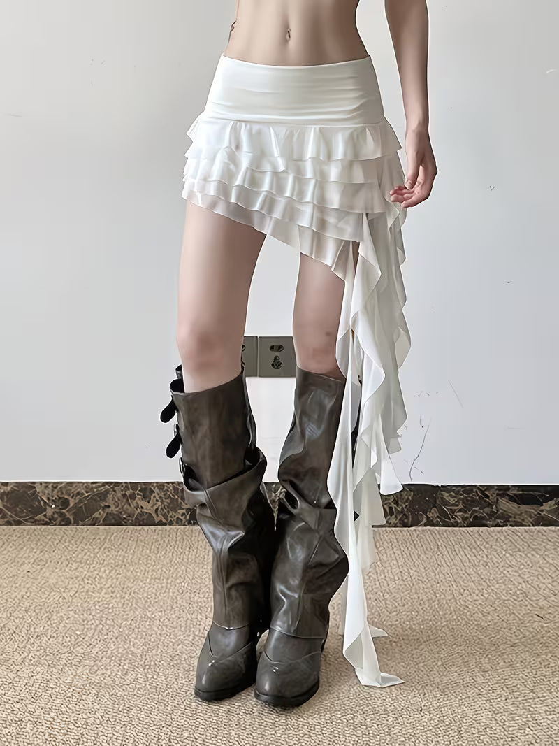 New Vacation Style Ruffle Hem Mesh Flowy Skirt for Women, Low Waist Versatile Ribbon Irregular Mesh Skirt