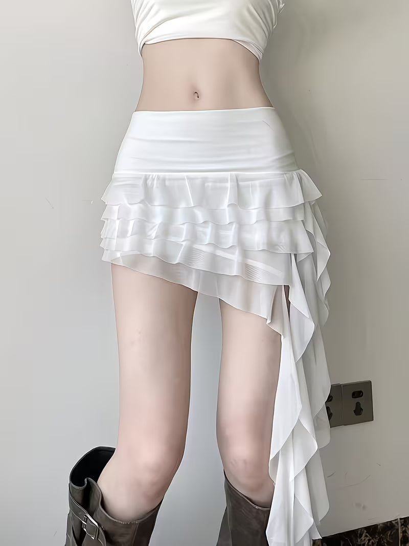 New Vacation Style Ruffle Hem Mesh Flowy Skirt for Women, Low Waist Versatile Ribbon Irregular Mesh Skirt