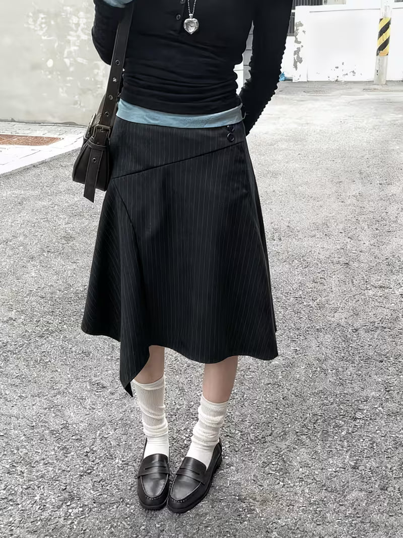 Striped Irregular Hem Skirt A-Line Skirt Spring Summer Thin Korean Style Midi Dress, Slight Direction
