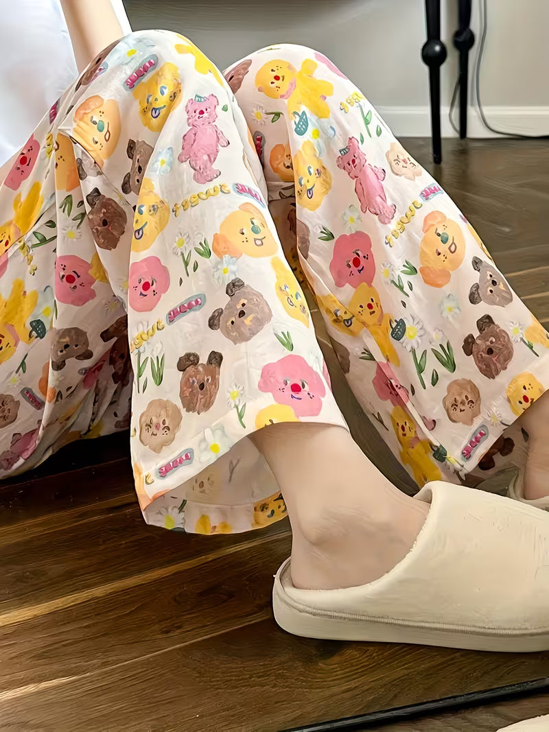 Cute Butter Bear, Wide Leg Pants - High Waist, Loose Fit, Machine Washable All-Season Comfortable Long Pants LL256