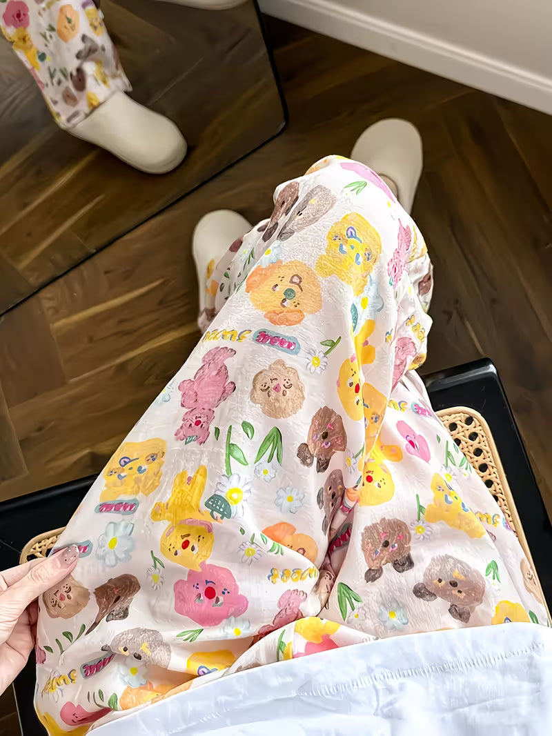 Cute Butter Bear, Wide Leg Pants - High Waist, Loose Fit, Machine Washable All-Season Comfortable Long Pants LL256