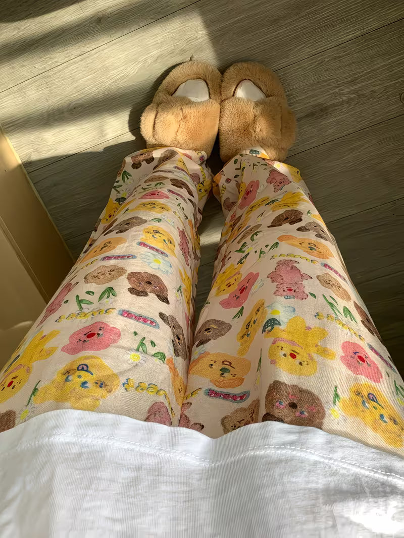 Cute Butter Bear, Wide Leg Pants - High Waist, Loose Fit, Machine Washable All-Season Comfortable Long Pants LL256