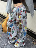 Women'S Fashion Casual Commute Trendy Versatile Autumn Thin Single-Layer Gray Loose Printed Wide-Leg Trousers Straight Leg Pants with Drawstring Waist