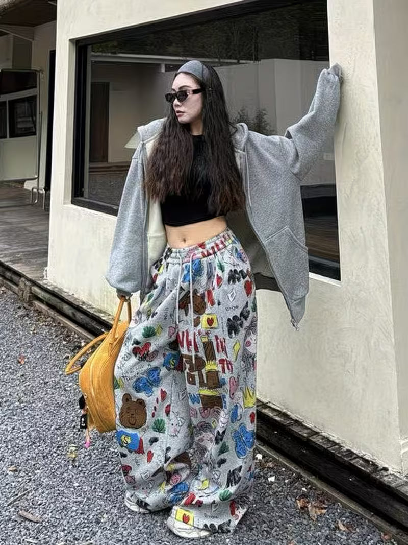 Women'S Fashion Casual Commute Trendy Versatile Autumn Thin Single-Layer Gray Loose Printed Wide-Leg Trousers Straight Leg Pants with Drawstring Waist