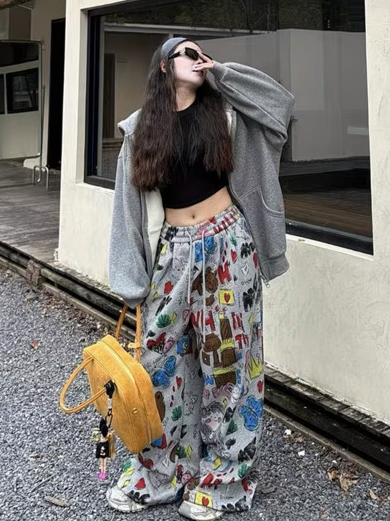 Women'S Fashion Casual Commute Trendy Versatile Autumn Thin Single-Layer Gray Loose Printed Wide-Leg Trousers Straight Leg Pants with Drawstring Waist