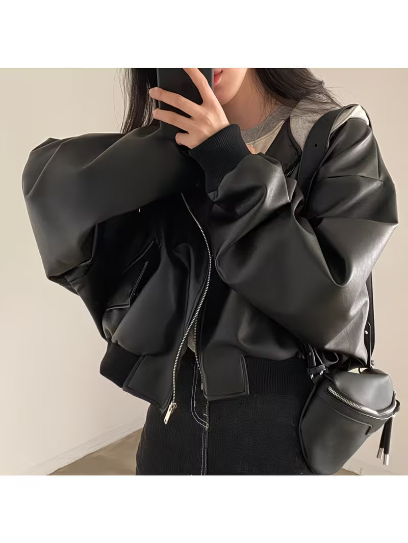 Women'S 2026 Patchwork Biker Jacket, Vintage Color Block Faux Two-Layer Hooded Jacket, Oversized And Versatile