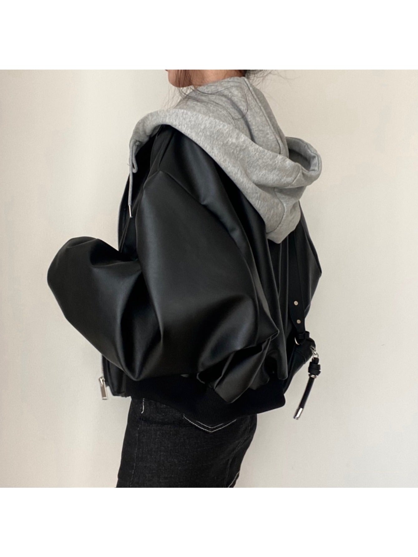 Women'S 2026 Patchwork Biker Jacket, Vintage Color Block Faux Two-Layer Hooded Jacket, Oversized And Versatile
