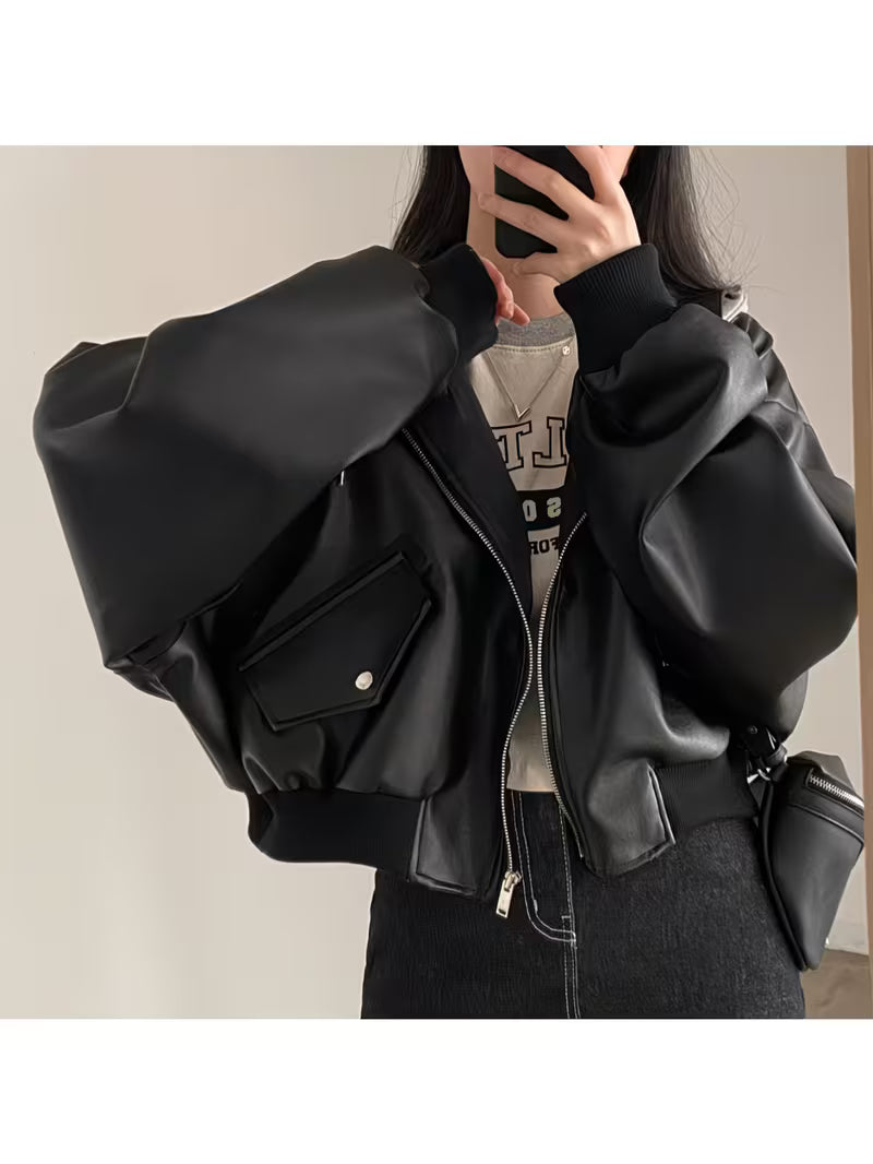 Women'S 2026 Patchwork Biker Jacket, Vintage Color Block Faux Two-Layer Hooded Jacket, Oversized And Versatile