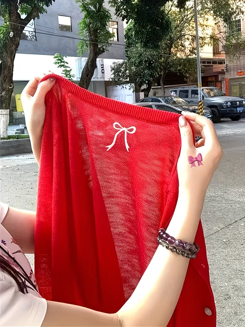 Red Ice Fiber Fabric Thin Cardigan Women'S Summer Thin Outerwear Jacket Back Bow Embroidery Air Conditioner Shirt Top Vacation Outerwear Sunscreen Shirt