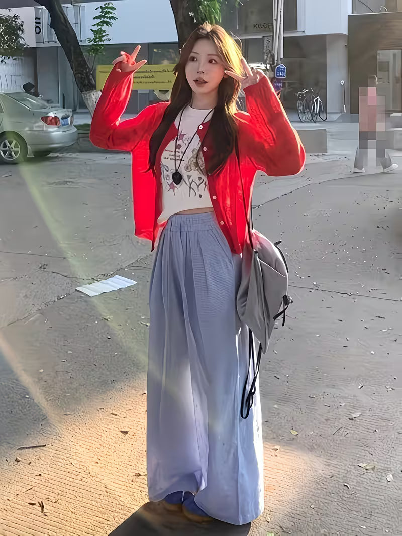 Red Ice Fiber Fabric Thin Cardigan Women'S Summer Thin Outerwear Jacket Back Bow Embroidery Air Conditioner Shirt Top Vacation Outerwear Sunscreen Shirt