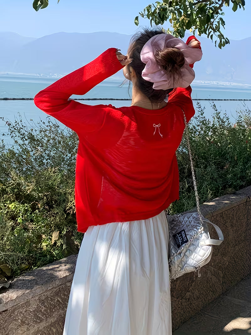 Red Ice Fiber Fabric Thin Cardigan Women'S Summer Thin Outerwear Jacket Back Bow Embroidery Air Conditioner Shirt Top Vacation Outerwear Sunscreen Shirt