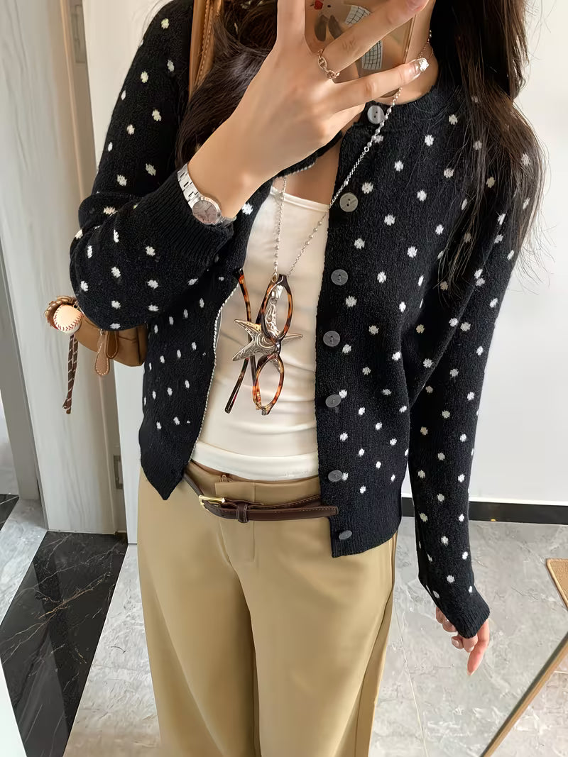 Black Vintage Polka Dot Long Sleeve Cardigan | Non-Stretch Fabric, Button Details, Fall/Winter Season, Casual Style