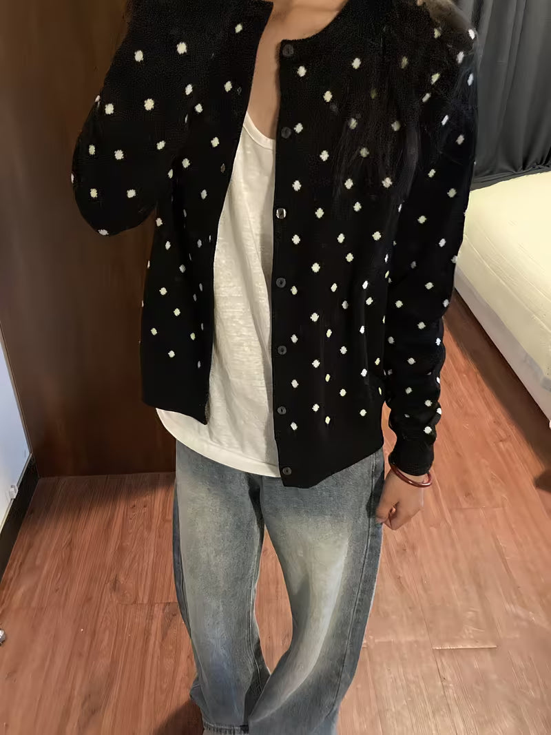 Black Vintage Polka Dot Long Sleeve Cardigan | Non-Stretch Fabric, Button Details, Fall/Winter Season, Casual Style