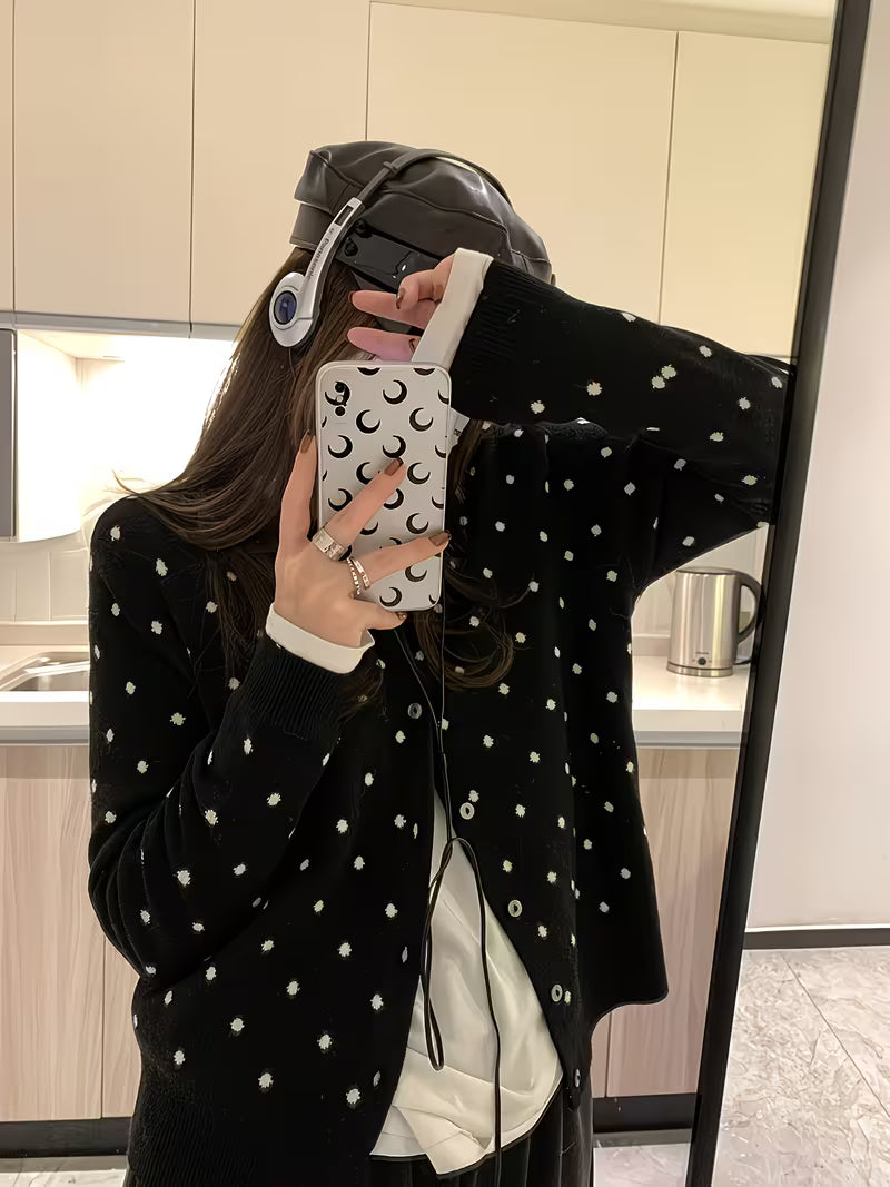 Black Vintage Polka Dot Long Sleeve Cardigan | Non-Stretch Fabric, Button Details, Fall/Winter Season, Casual Style