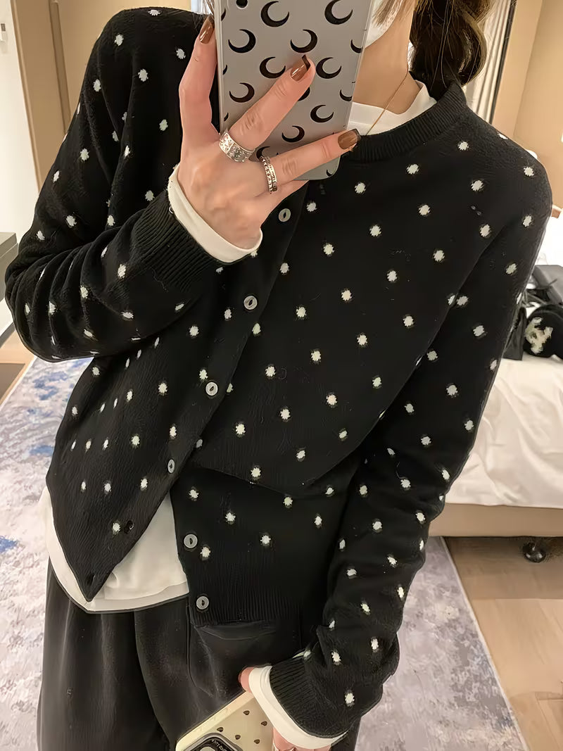 Black Vintage Polka Dot Long Sleeve Cardigan | Non-Stretch Fabric, Button Details, Fall/Winter Season, Casual Style