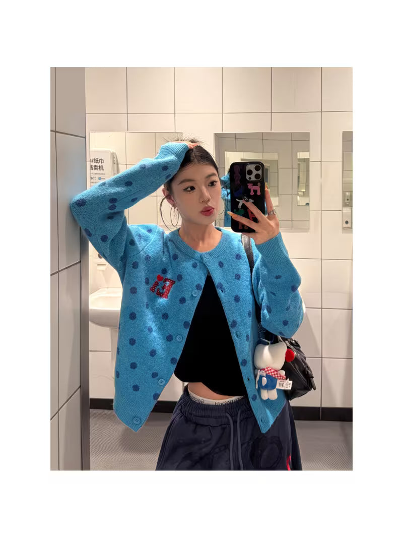 Women'S Autumn Short Soft Cardigan Sweater Coat with American Retro Polka Dots And Round Neck for Cross