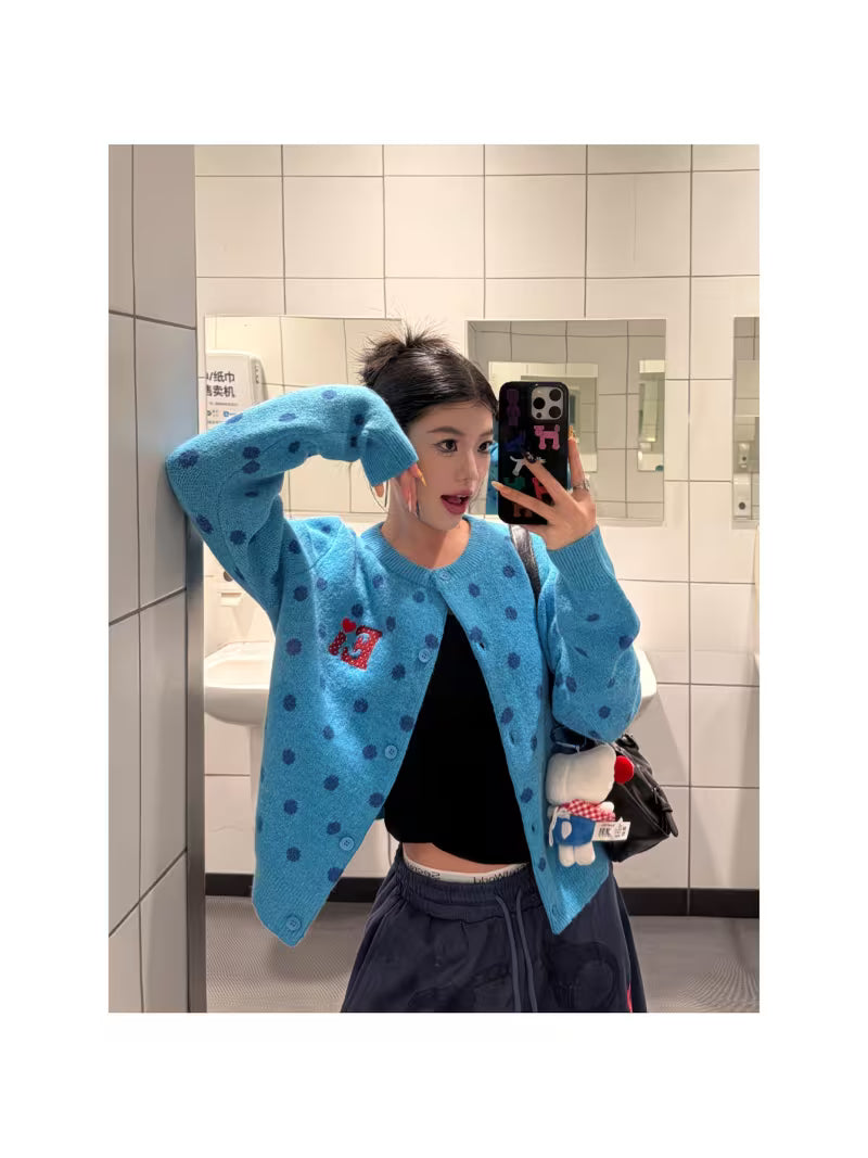Women'S Autumn Short Soft Cardigan Sweater Coat with American Retro Polka Dots And Round Neck for Cross