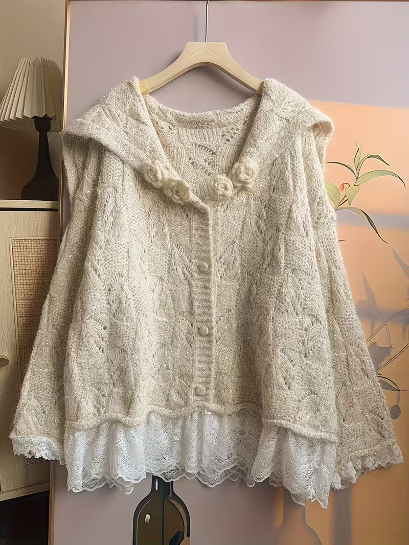 European Goods Heavy 2025 New Style Temperament Exquisite Splicing Lace V-Neck Sweater Coat High-End Shawl-Style Top
