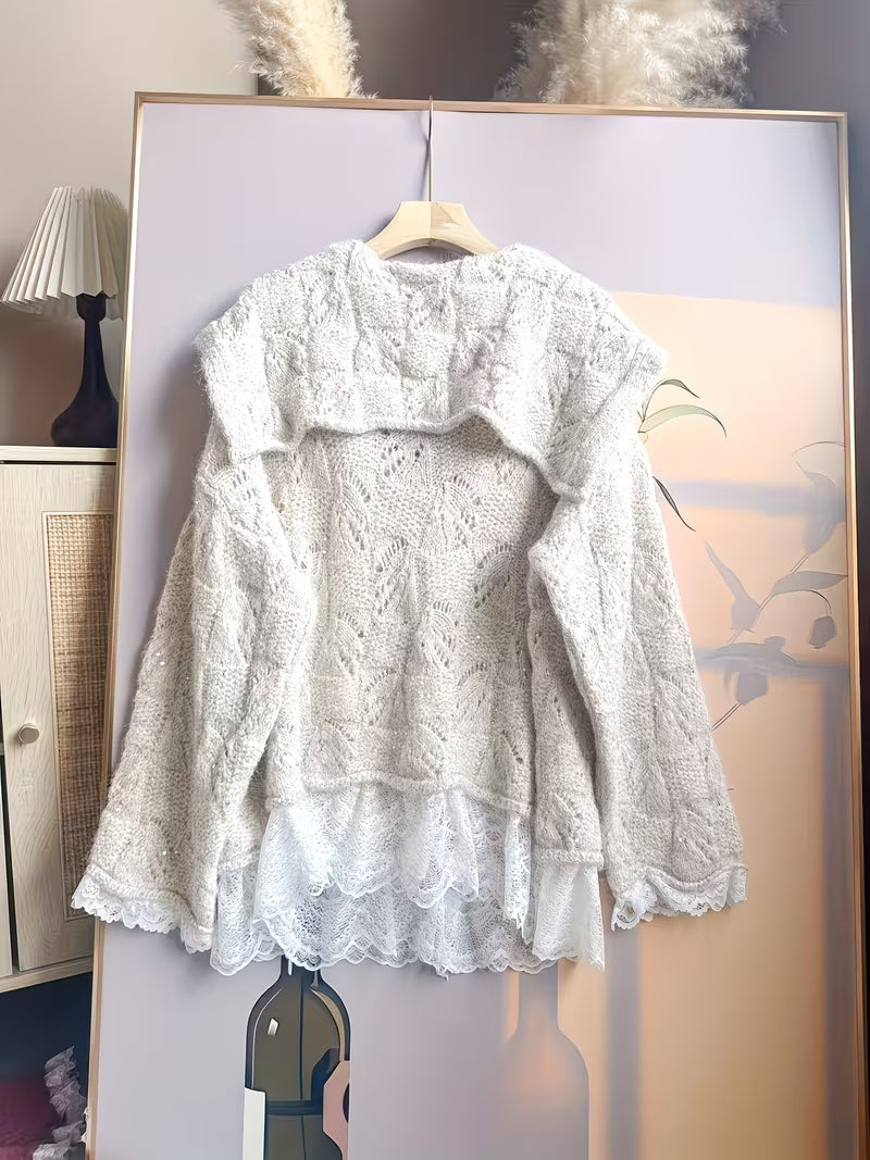 European Goods Heavy 2025 New Style Temperament Exquisite Splicing Lace V-Neck Sweater Coat High-End Shawl-Style Top
