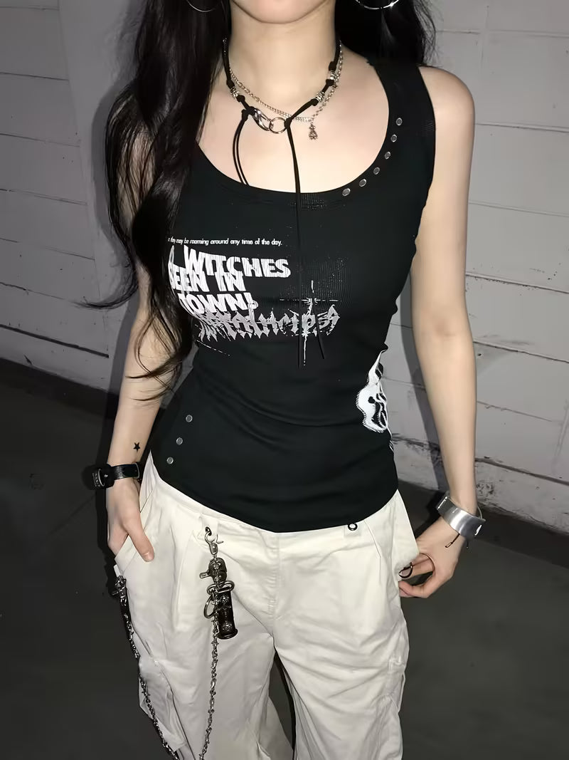 Harajuku Rivet Letter Print Babe Tank Top