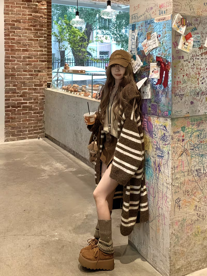 Korean Lazy Vintage Striped Hooded Cardigan Women'S Fall Winter Loose Soft Long Sweater Coat