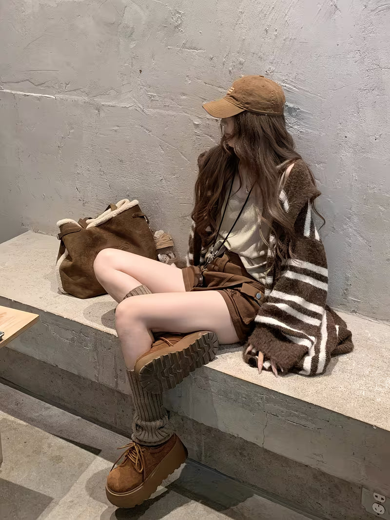 Korean Lazy Vintage Striped Hooded Cardigan Women'S Fall Winter Loose Soft Long Sweater Coat