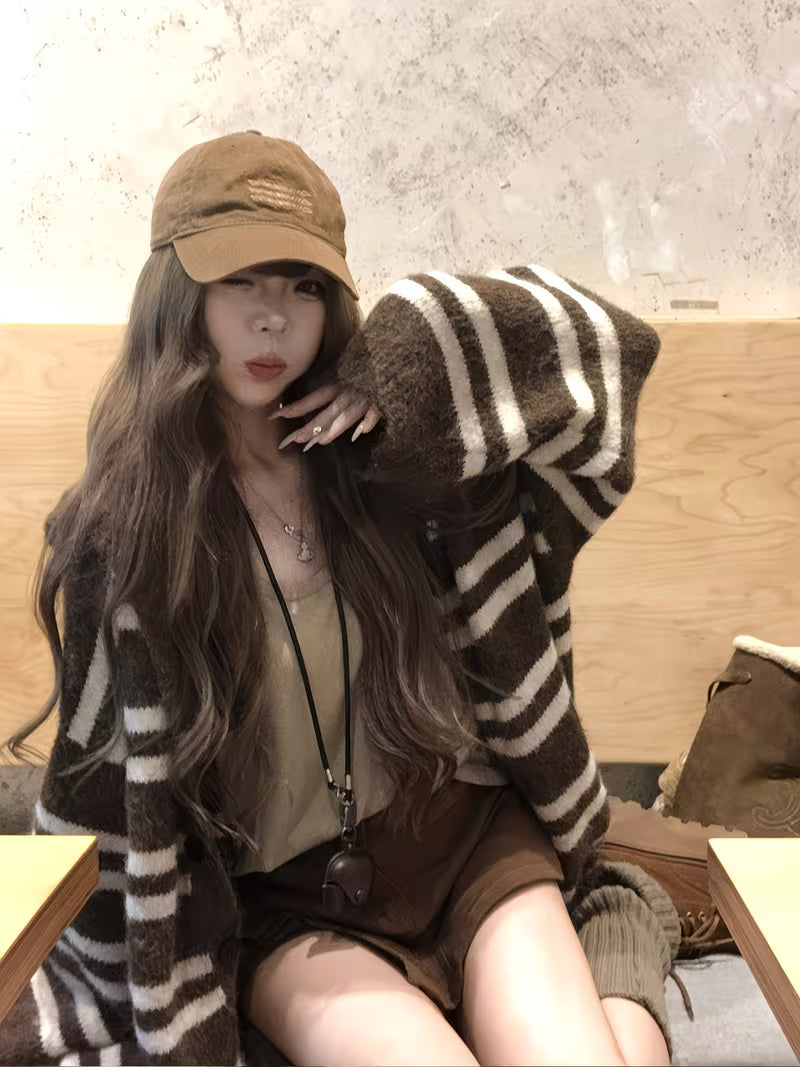 Korean Lazy Vintage Striped Hooded Cardigan Women'S Fall Winter Loose Soft Long Sweater Coat