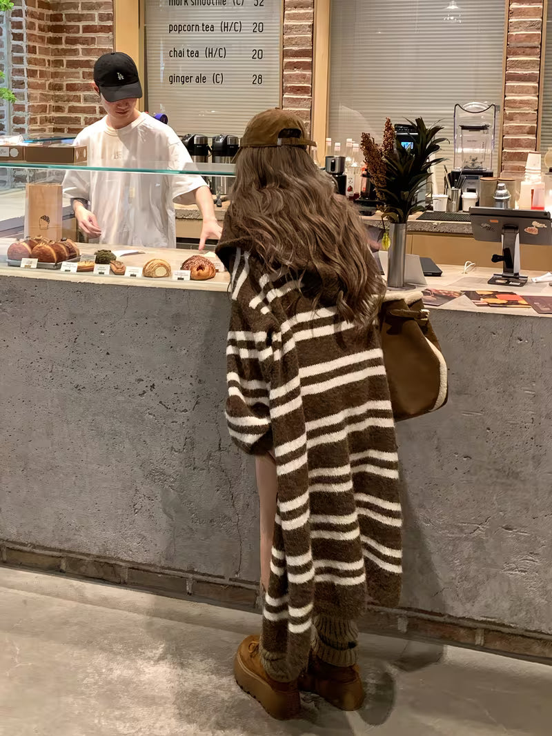 Korean Lazy Vintage Striped Hooded Cardigan Women'S Fall Winter Loose Soft Long Sweater Coat