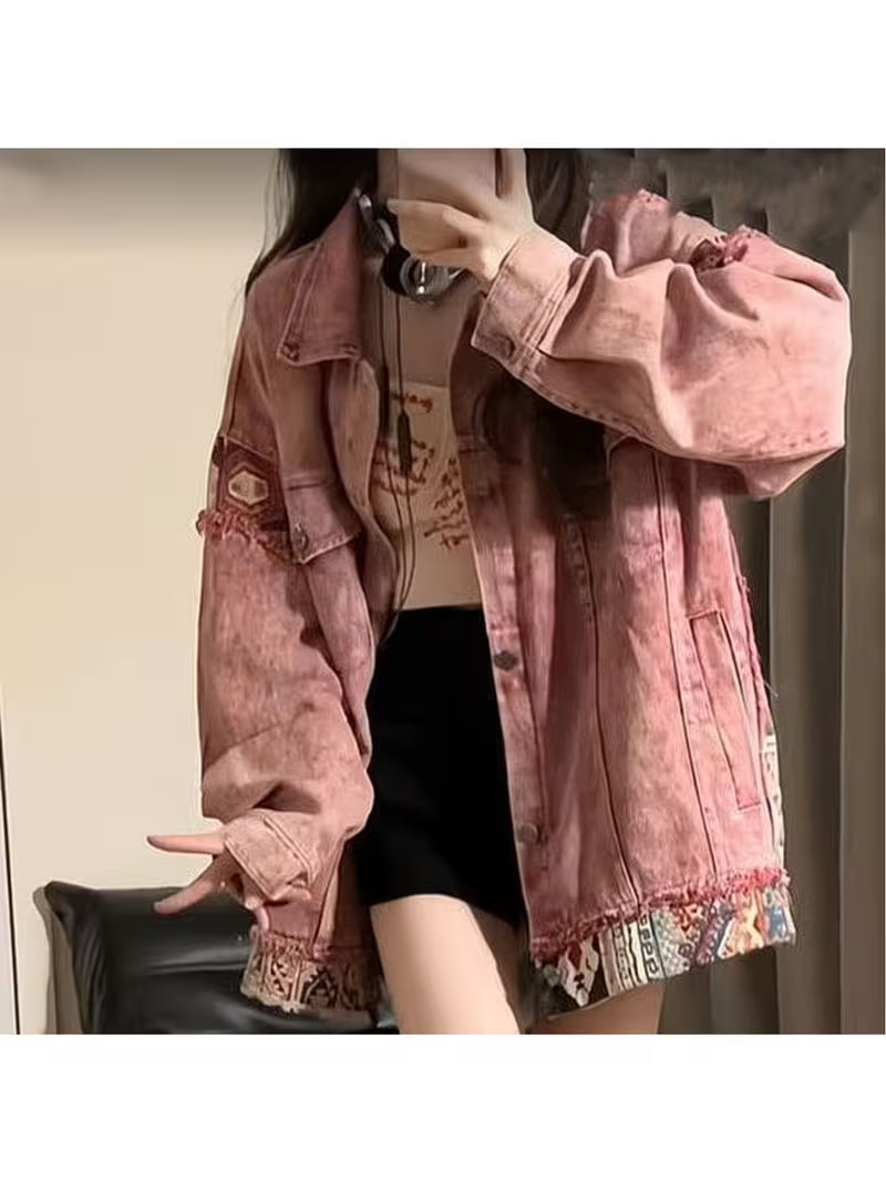 American-style Dirty Pink Washed Spliced Coat for Women, New Autumn And Spring Style, High-end Casual Jacket Top