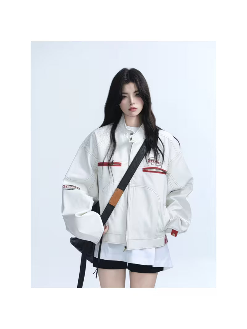 2026 American High Street Faux Leather Biker Jacket for Women | New Design for Early Spring and Autumn, Unique Sense of Design, Small-batch, Hot Style, Loose-fit, Trendy Brand Jacket Coat