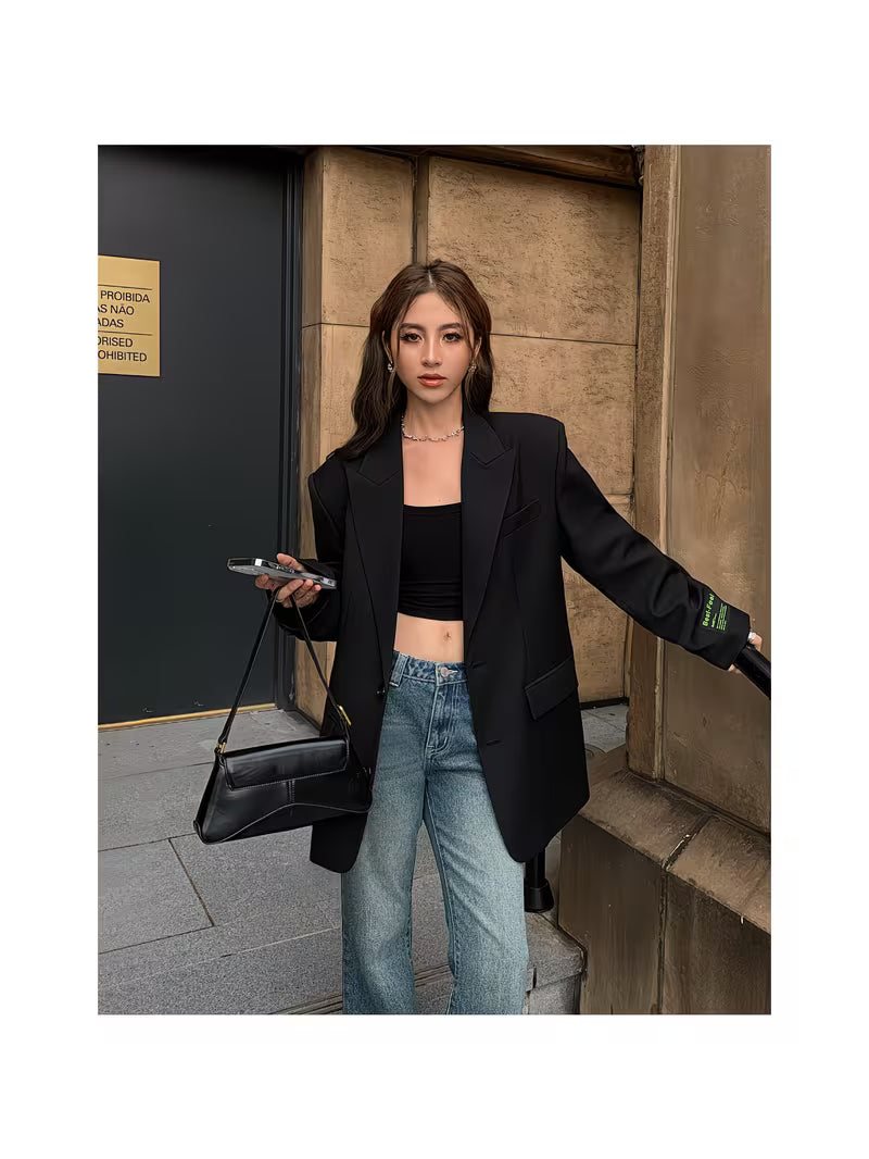 Women'S Loose Retro Small Suit Jacket in Gray | Double Breasted, Long Sleeve, Midi Length, Chic Style for Autumn 2025