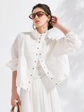 100% Linen Jacket | Elegant High Neck, Single Breasted, Button Details, Flared Hem, Long Sleeve | Serathinan, Suitable For Spring/Fall, Going Out Occasion