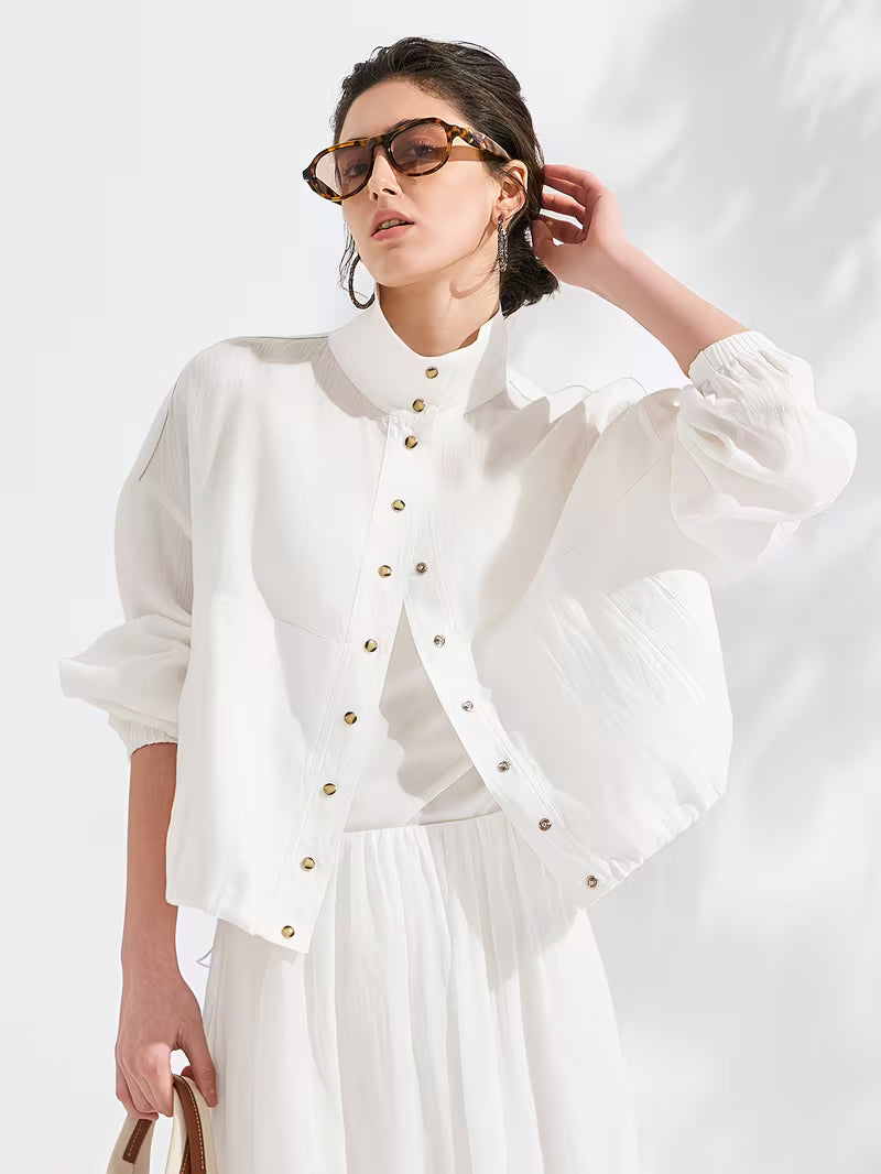 100% Linen Jacket | Elegant High Neck, Single Breasted, Button Details, Flared Hem, Long Sleeve | Serathinan, Suitable For Spring/Fall, Going Out Occasion