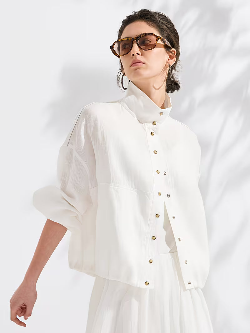 100% Linen Jacket | Elegant High Neck, Single Breasted, Button Details, Flared Hem, Long Sleeve | Serathinan, Suitable For Spring/Fall, Going Out Occasion