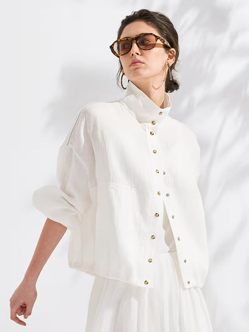 100% Linen Jacket | Elegant High Neck, Single Breasted, Button Details, Flared Hem, Long Sleeve | Serathinan, Suitable For Spring/Fall, Going Out Occasion