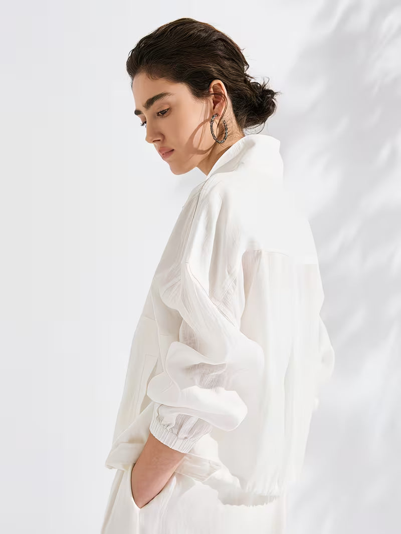 100% Linen Jacket | Elegant High Neck, Single Breasted, Button Details, Flared Hem, Long Sleeve | Serathinan, Suitable For Spring/Fall, Going Out Occasion