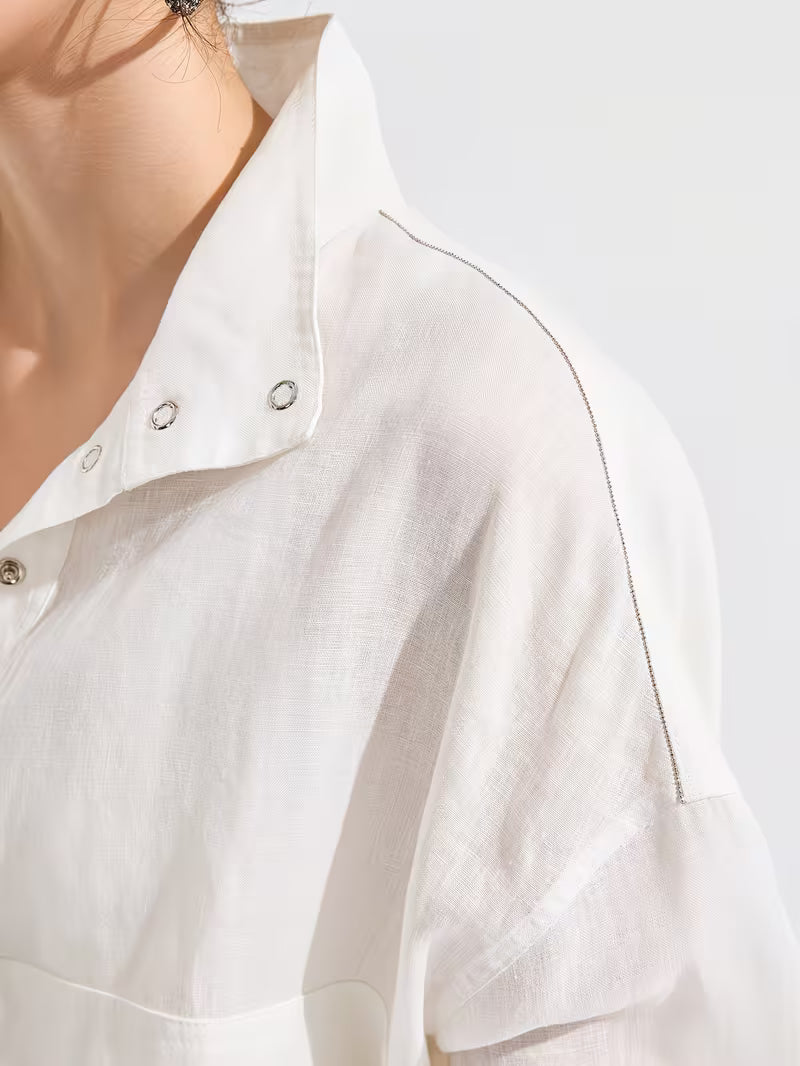100% Linen Jacket | Elegant High Neck, Single Breasted, Button Details, Flared Hem, Long Sleeve | Serathinan, Suitable For Spring/Fall, Going Out Occasion