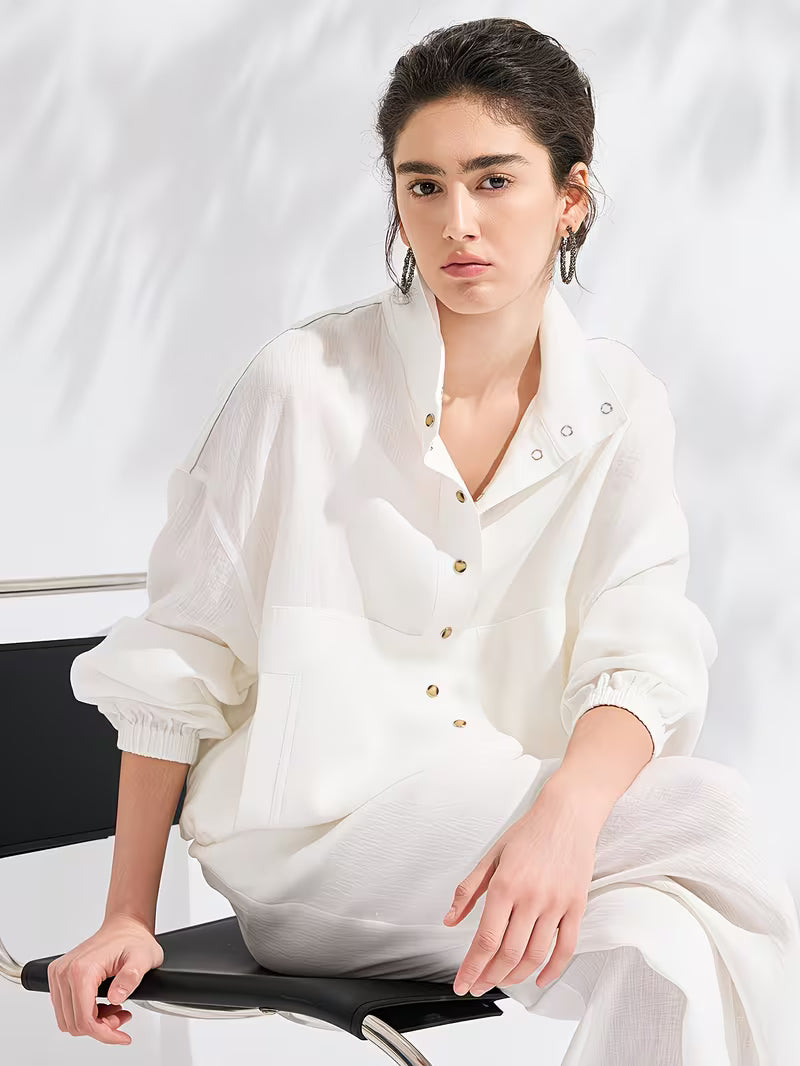 100% Linen Jacket | Elegant High Neck, Single Breasted, Button Details, Flared Hem, Long Sleeve | Serathinan, Suitable For Spring/Fall, Going Out Occasion
