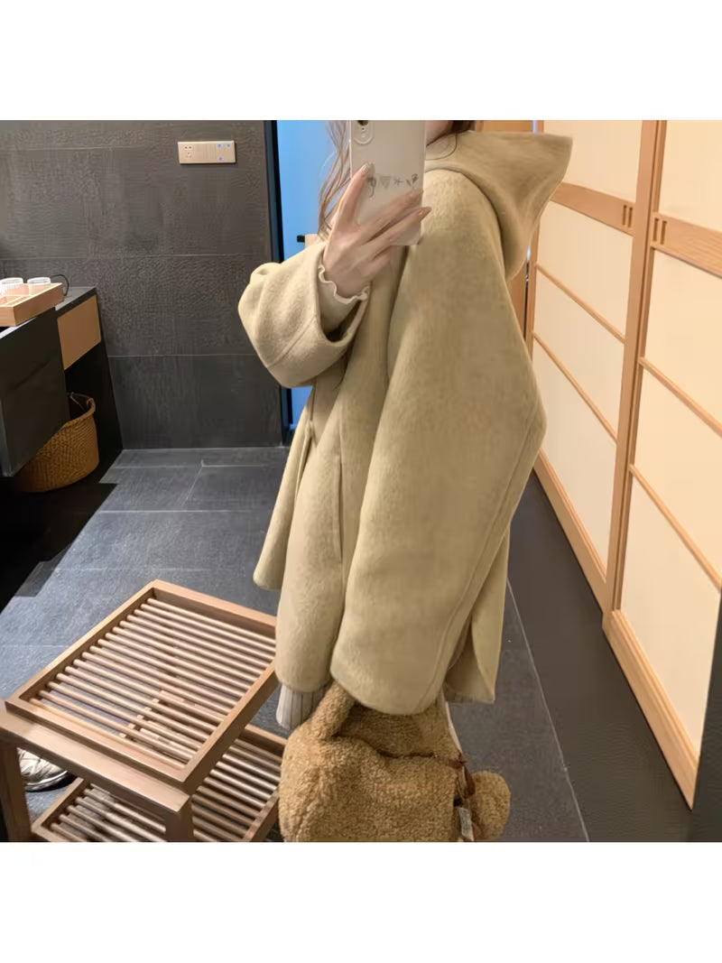 New Elegant Casual Loose Cape Wool Coat for Women in Autumn Winter, Featuring a Hooded Design Inspired by French And Korean Styles