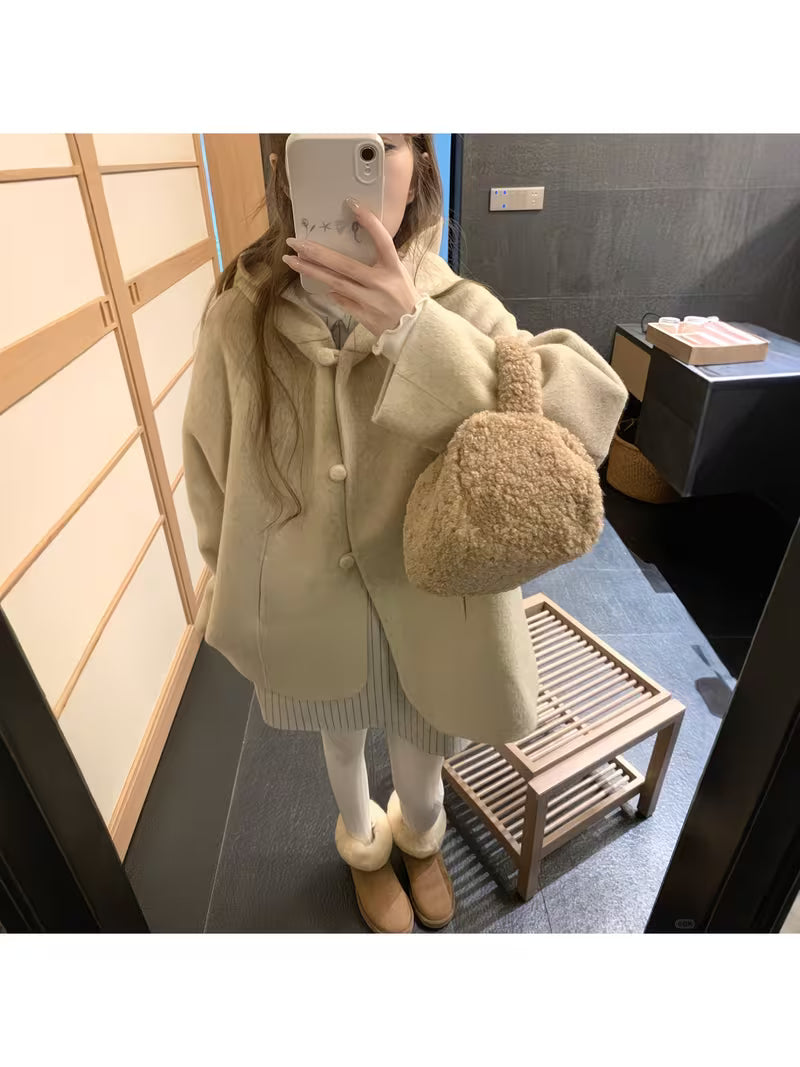 New Elegant Casual Loose Cape Wool Coat for Women in Autumn Winter, Featuring a Hooded Design Inspired by French And Korean Styles