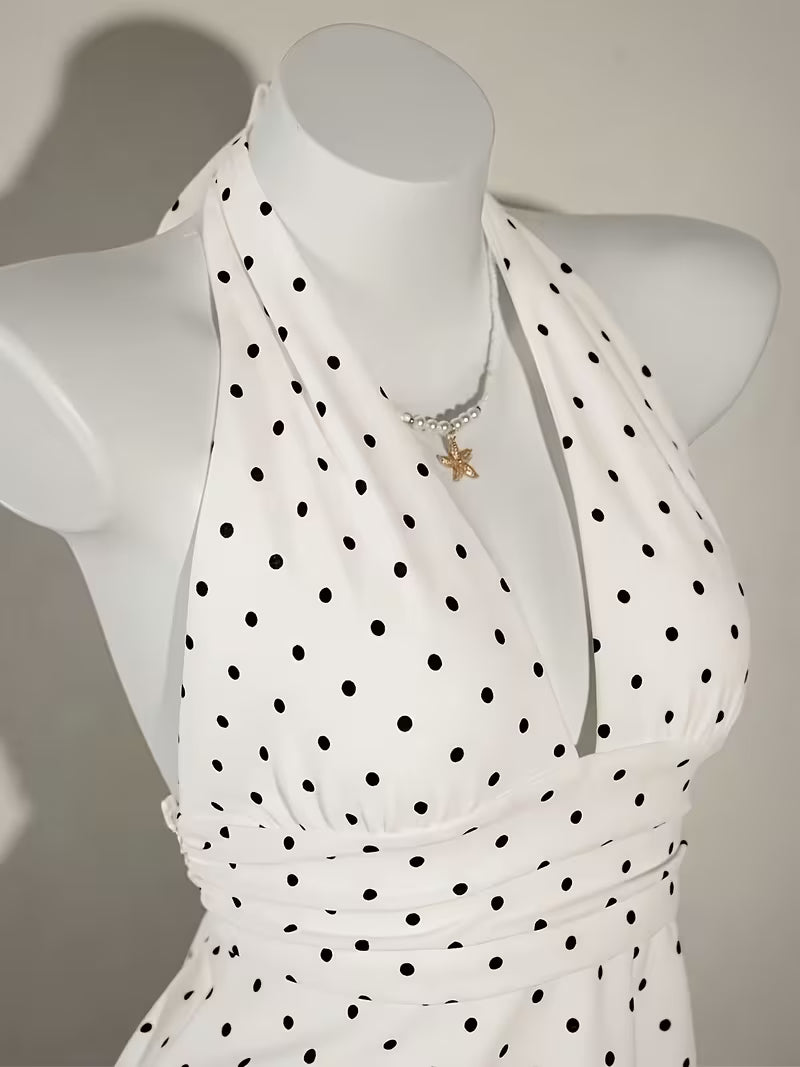Women's Low-Neck Pleated Halter Neck Bow Backless Polka Dot Tank Top