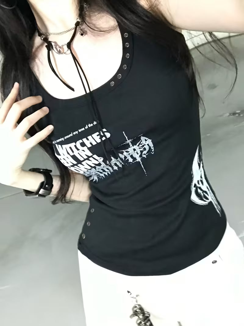 Harajuku Rivet Letter Print Babe Tank Top